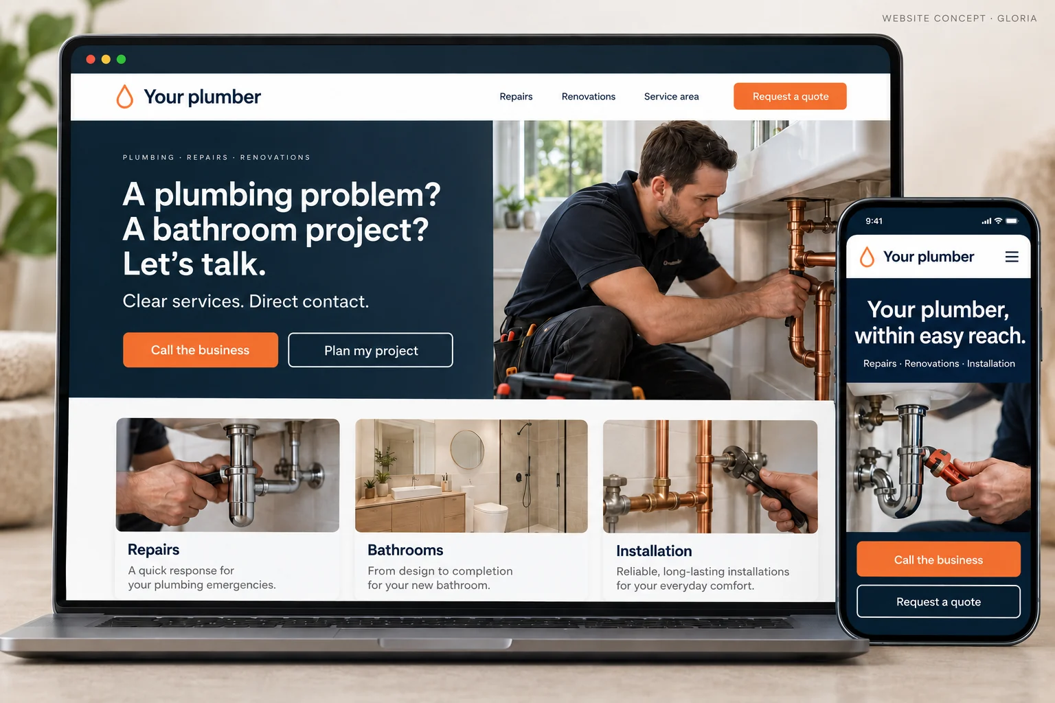 Illustrative plumbing website concept on desktop and mobile, with services and contact buttons