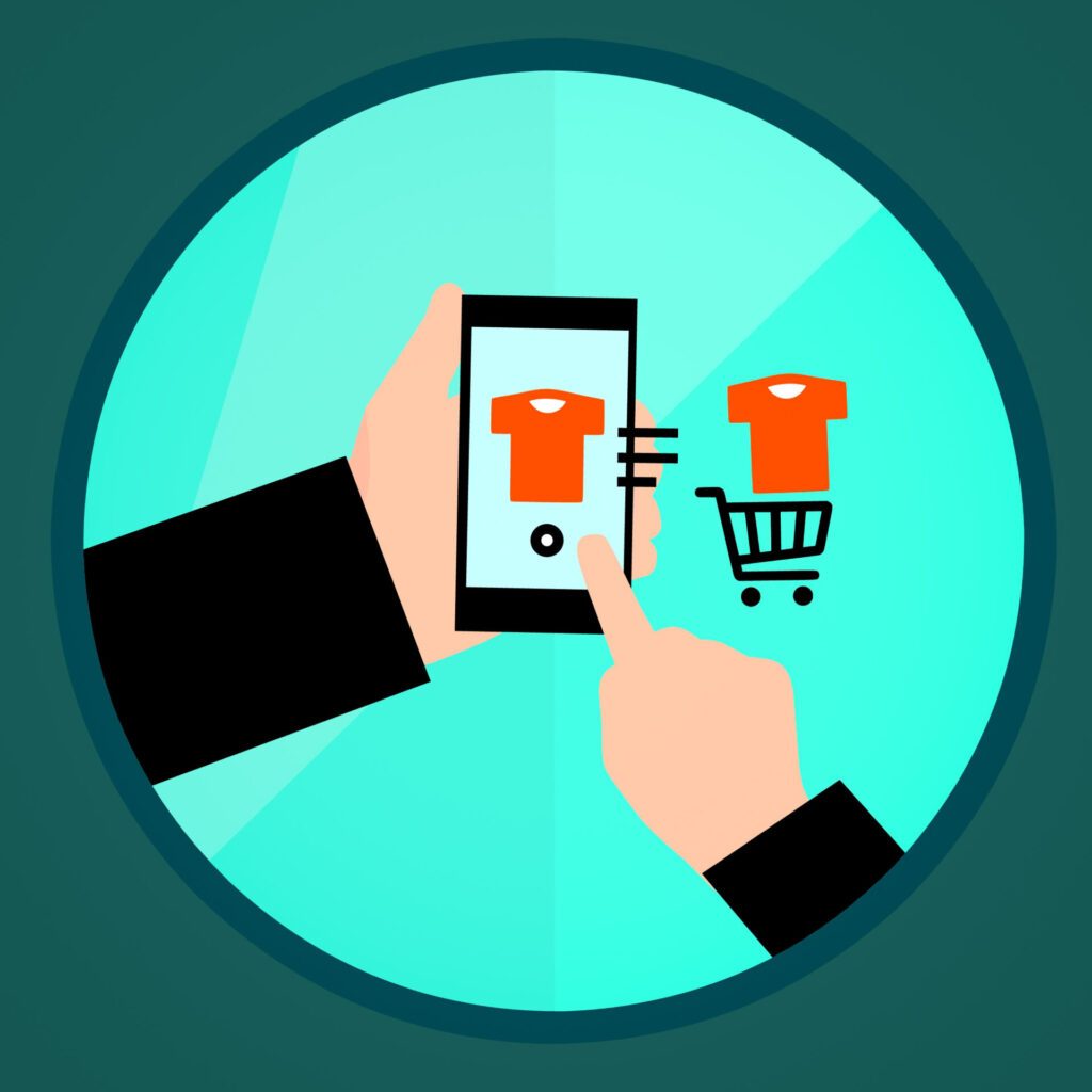 Illustration d'un achat de vêtements sur mobile avec un panier