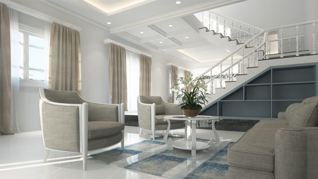 Séjour meublé avec table, chaises et grandes fenêtres